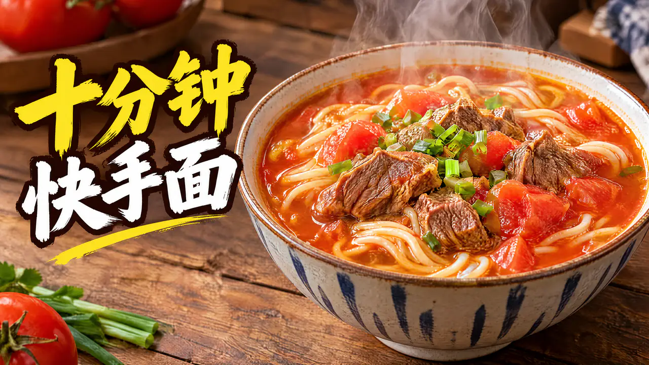 AI 生成的 16:9 美食视频封面:木桌上一碗冒热气的番茄牛肉面,左侧写着大字「十分钟快手面」